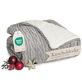 Blumtal Kuscheldecke 150x200 cm mit Zopfstrick-Optik - Oeko-TEX zertifizierte Mikrofaser Fleecedecke mit weicher Sherpa-Innenseite - Wohndecke 150x200 - waschbare Wohn- & Kuscheldecke Grau/Weiß