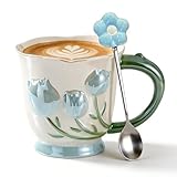 400ml Keramik Tasse, Kaffeebecher Porzellan, Süße Tasse Mit Tulpe, Cappuccino Tassen Mit Edelstahllöffel, Kaffeetassen Für Frühling & Besondere Geschenke Für Frauen (Blau)