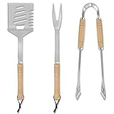 TNTOR 3 teilig BBQ Grillbesteck Set, Barbecue Tool Set mit Grillzange, 4 in1 Spatula（Pfannenwender, Schaber, Fleischsäge, Flaschenöffner），Fleischgabel, aus Holz und Edelstahl