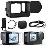OKFUN Zubehör-Set für Go Pro Hero 12/11/10/9 Schwarz, Silikon-Schutzhülle mit Gummi-Objektivabdeckung + Displayschutzfolie + Batterie-Seitenabdeckung + Objektiv-Abdeckkappe für Go Pro Hero 12/11/10/9