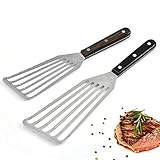 GuDoQi Fischwender, 2 Stück (11 Zoll & 12,5 Zoll), Professioneller Fish Spatula, Holzgriff, Grillwender Fisch aus Edelstahl, Antihaft Bratspatel zum Kochen von Fisch, Ei, Fleisch, Knödelbraten