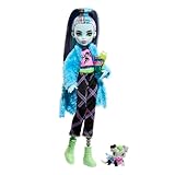 MONSTER HIGH Puppe und Sleepover-Zubehör, Frankie Stein Puppe mit Haustier Hund Watzie, Creepover Party, HKY68