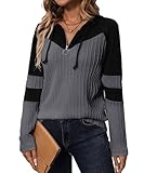 GRMLRPT Kapuzenpullover Damen Hoodie Langarm V Ausschnitt Pullover Sweatshirt mit Kapuze Color Block Drawstring Top Lässig(Grau,XXL)