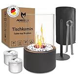 Monster24 Einzigartiger Tischkamin inkl. Abdeckhaube | Tischfeuer mit Deko Steinen und 2 Brennkammern für unendliche Brenndauer | Bio Ethanol Kamin Indoor und Outdoor | Terrassenfeuer | Balkon