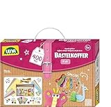 Lena Bastelkoffer mit 400 Teilen, Bastelset bestehend aus Papier, Moosgummi, Pfeifenreiniger, Strasssteine, Wackelaugen, Pompons und Knöpfe, Pink & Lila, geeignet für Kinder ab 5 Jahren