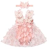 Odizli 1 Geburtstag Mädchen Outfit Ärmellos Blume Strampler Kleid Tüllkleid+Stirnband Kleidung Babykleidung Neugeborene Erstausstattung Babysachen Set Baby Fotoshooting Rosa Schmetterling 0-6 Monate