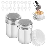 2 Stück Kakaostreuer Edelstahl mit 16 Pcs Kaffee Schablonen, Mehlstreuer mit Deckel Puderzuckerstreuer für Cappuccino, Kakaopulver Streuer zur Dekoration von Kaffee Kuchen