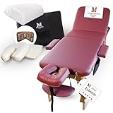 MASSUNDA – Mobile 3 Zonen Massageliege klappbar & höhenverstellbar – Stabiler Massagetisch aus Vollholz – All-Inkl. Massagebank mit ergonomischer Kopfstütze, Bezug, Armlehne, Kissen (Burgund)