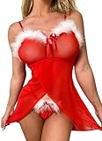 MIZSPISE Damen Weinachten Sexy Dessous Reizwäsche Christmas Nachthemd Negligee Lingerie EIN Santa Tüll Nachtkleid Babydoll