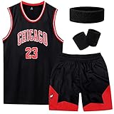 Hereneer Basketball Trikot Kinder/Erwachsene, Basketball Jersey Shorts, Basketball Kleidung mit Wrist Wraps und Haarbänder, Sportbekleidung Basketball Sweatshirt für Herren und Jungen (Schwarz-165)