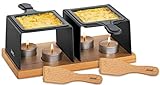 Spring Gourmet Raclette | Teelicht Raclette mit Gestell aus Metall | Holzboden mit Teelichthaltern | Inkl. 2 beschichtete Raclette Pfännchen, 2 Raclette Schaber und 4 Teelichtern