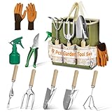VASZOLA 9-teiliges Gartenwerkzeug-Set mit Tragetasche und Handkelle, Rechen, Schaufel, Robustes Gartenset aus Edelstahl für Pflanzen im Freien, ideal für Frauen und Mütter, Grün