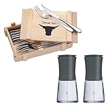 WMF Steakbesteck 12-teilig, Steakbesteck Set für 6 Personen, Steakmesser Set & Mühlenset 2tlg, Salz- und Pfeffermühle unbefüllt, Glasbehälter, Keramikmahlwerk, Mühle für Salz, Pfeffer, Gewürze, grau