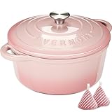 Overmont Bräter emaille Gusseisen Topf - Schmortopf 28cm backofengeeignet - mit Deckel und Kochbuch - für Küche Backen Schmoren Braten Rosa
