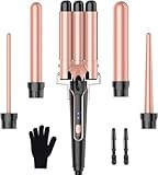 BESTOPE PRO Lockenstab Lockenstäbe 3 Fässer Welleneisen 5 in 1– Lockenstab Set 3 Fässer für großer Wellen, Temperatureinstellung, Schnellaufheizung und einem Handschuh, 2 Clips, Roségold