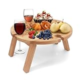Buwico Klappbarer Picknicktisch aus Holz, Faltbarer Picknicktisch, mit Rotweinglashalter, Outdoor Weintisch Picknicktisch Klappbar Kleiner Strandtisch für Garten Reisen Camping Picknick Strand