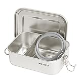 Wenco Premium Lunchbox aus Edelstahl, Mit 2 Fächern, Brotdose mit 800 ml Fassungsvermögen (650 ml Netto-Inhalt), Wasserdicht, Spülmaschinengeeignet, inkl. Ersatz-Silikonring, 15 x 11,3 x 5 cm, Silber