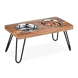 Relaxdays Napfständer, Edelstahlnäpfe 1200 ml, Hundefutterstation aus Akazienholz, Hundebar HBT 23 x 49,5 x 25 cm, braun