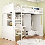 RIAZOS Kinderbett 90x200 cm, Hochbett mit Schreibtisch, Tisch mit Staufach, Kleiderschrank mit 2 Stauschublade, Etagenbett, Jugendbett, Bettgestell mit Lattenrost, Weiß, ohne Matratze