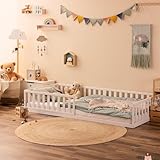 Alcube® Montessori Maxi Floor Bed 90 x 200 cm with Fall Protection and Rolling Slatted Frame - 90 x 200 cm for Boys and Girls - Children's Bed Made of Pine Wood for Children's Room - Bed in White