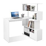 Mondeer Computertisch L-Förmig, Eckschreibtisch, mit 360 Grad Drehbarem Bücherregal für Arbeitszimmer Wohnzimmer Büro 157 x 45 x 130,5 cm, Weiß
