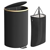 SONGMICS Wäschekorb, Wäschesammler, 90 Liter, Wäschetonne mit Deckel, Wäschesack herausnehmbar, für Waschküche, Schlafzimmer, Wohnzimmer, tintenschwarz-naturbeige LCB547B01
