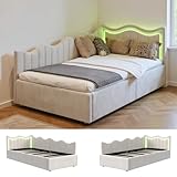 Polsterbett Kinderbett 90x200 mit LED-Beleuchtung,Jugendbett 90x200 mit Hydraulischer Stauraum, Schlafsofa Einzelbett Daybett Tagesbett Gästebett Bettgestell mit Lattenrost,Samt,Ohne Matratze