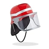 Relaxdays Feuerwehrhelm Kinder, mit Visier, Nackentuch & Kinnriemen, verstellbarer Kopfumfang, Feuerwehrmann Helm, rot