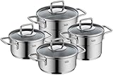 Silit Extra Cook Kochgeschirr-Set 4-teilig, Kochtöpfe 12/14 cm mit Glasdeckel, Innenskalierung, breiter Schüttrand, Crominox-Edelstahl, kleine Portionen, platzsparend stapelbar, tropffrei