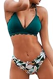 CUPSHE Damen Bikini Set mit Muschelkante Triangel Bikini Tropicalmuster Bademode Zweiteiliger Badeanzug Grün M