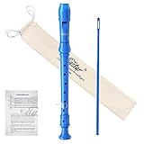 Eastar Sopran-Blockflöte für Anfänger, Kinder, deutsches C-Tasten-Blockflöteninstrument, ABS, 3-teilig, mit Reinigungsset, Daumenstütze, Baumwolltasche, Grifftabelle, Blau, ERS-21GB