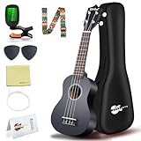 Everjoys Sopran Ukulele Set für Kinder und Erwachsene 21 Zoll Ukulele Starter Kit mit Tasche, Tuner, Songbook, Saiten, Pick, Kleine Hawaii Gitarre Schwarz