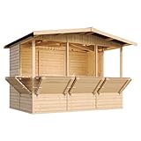 TIMBELA M150B Holz Gartenhaus, Marktbude Holz, Qualitäts Schiffslatten Kiefern Fichte Verkaufsstand Holzhaus mit Theke, FÜNF Fenster, 200x300/6 m2, große multifunktionale Garten-Bar Verkaufshütte
