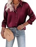 Beyove Damen Bluse Satin Seide V-Ausschnitt Hemden Elegant Langarm Business Oberteile mit Knöpfen Tops Lose Langarmshirt Rotwein M