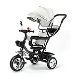 Baby-Dreirad, mitwachsend, 9 Monate bis 5 Jahre (25 kg), Kinderwagen mit Stange, drehbarer Sitz, hellgrau