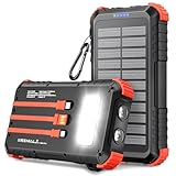 Solar Powerbank 26800mAh, Powerbank PD15W USB C Externer Akku mit 3 Kabeln, 5 Ausgänge 3 Eingänge Wasserdichtes Solar Ladegerät mit Zwei Taschenlampen und Karabiner für Camping
