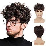 Siudus Herren kurze lockige braune Perücke mit Bangs Natürlich aussehende flauschige Haar Perücken Hitzebeständige Faser Tägliche Perücke