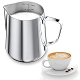 Newaner 600ml Milchkännchen zum Milchaufschäumen 304 Edelstahl, Milchkanne mit Messung Mark 12oz für Barista, Milch Pitcher für Cappuccino, Espresso, Latte Art, Perfekt für Kaffeeliebhabe, Silber