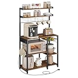 VASAGLE Küchenregal, Standregal mit Steckdosen, Kaffeebar, Bäckerregal, 8 S-Haken, mit Korb, Gewürzregal, 40 x 90 x 165,5 cm, vintagebraun-tintenschwarz KKS031K11