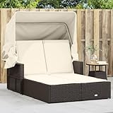 Gecheer Doppel Sonnenliege, Sonnenbett mit ausziehbarem Sonnendach, Doppelliege mit Verstellbarer Rückenlehne, Gartenmöbel Gartenliege, Braun Poly Rattan