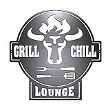 teileplus24 CG01 Gartenschild | Stier + Grill & Chill Lounge | 41 x 40,5cm| Stahl | Schwarz