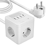 Steckdosenwürfel mit USB C,Steckdosenleiste 4Fach mit USB C und 3USBA, Überspannungsschutz Mehrfachsteckdose Würfel mit Nachtlicht, Mehrfachstecker mit Schalter für Zuhause Büro, 1,5m Kabel Weiß