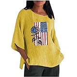 Bovake Damen Blusenkleid Lang Lässige Bluse mit Dreiviertelärmeln und Rundhalsausschnitt aus Baumwolle und Leinen mit Flaggendruck Damen Tops Sommer Bauchfrei :A1693