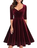 Bbonlinedress Weihnachtskleider Damen 3/4 arm V-Ausschnitt Kleider Knielang Festliche Samt Kleider elegant Winterkleid Cocktailkleid Burgundy XL