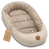Babynest babynestchen neugeborene mit tragegriff 90 x 50 cm baby nestchen tragbar nest für bett kinder kuschelnest coccon für Jungen und Mädchen Beige mit Weiß Sternen