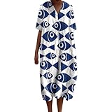 FWbfde Freizeitkleid Damen Kleid Ozeanfisch Drucken Kurzarm Sommer Gewand Strandkleid Sommerkleider Einfarbig Urlaubskleid Casual Sommer Lässig Locker Maxikleid(A2-Blau,M)