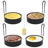 4 Stück Spiegeleiform Edelstahl Ei Ring, 3,5 Zoll Bratpfanne Egg Ring, Antihaft Pancake Form Egg Ring mit Klappgriffen,mit Silikon Pinse, für Spiegeleier, Sandwiches, Pfannkuchen form für Hackbraten