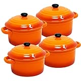 ToCi 4 x kleine Auflaufformen mit Deckel – Mini Ofenformen aus Keramik 200 ml - Runde Auflaufschälchen Ø 10 cm in Orange - Keramik-Förmchen für Auflauf, Soufflé, Creme Brûlée, Dessert