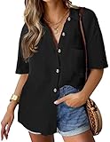 Hotouch Damen Bluse Lässiges V-Ausschnitt Hemdbluse Sommer Kurzarm Einfarbig Basic Oberteile Elegant Hemd mit Knöpfen Schwarz XL