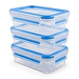 EMSA Clip & Close Frischhaltedosen-Set, rechteckig, 3 x 1 L, mit Deckel, Aufbewahrungsboxen, 100 Prozent dicht, spülmaschinen-, gefrier-, mikrowellenfest, Transparent, Blau, Made in Germany, N10313